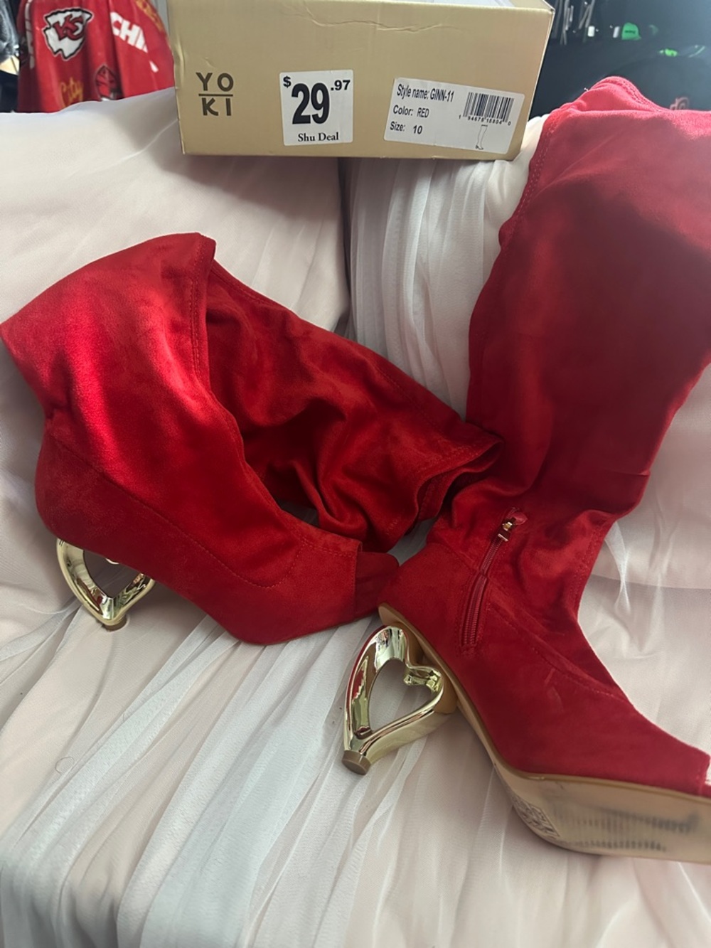 Yoki Red Velvet Mid-Calf Boots with Gold Heart-Shaped Heels
